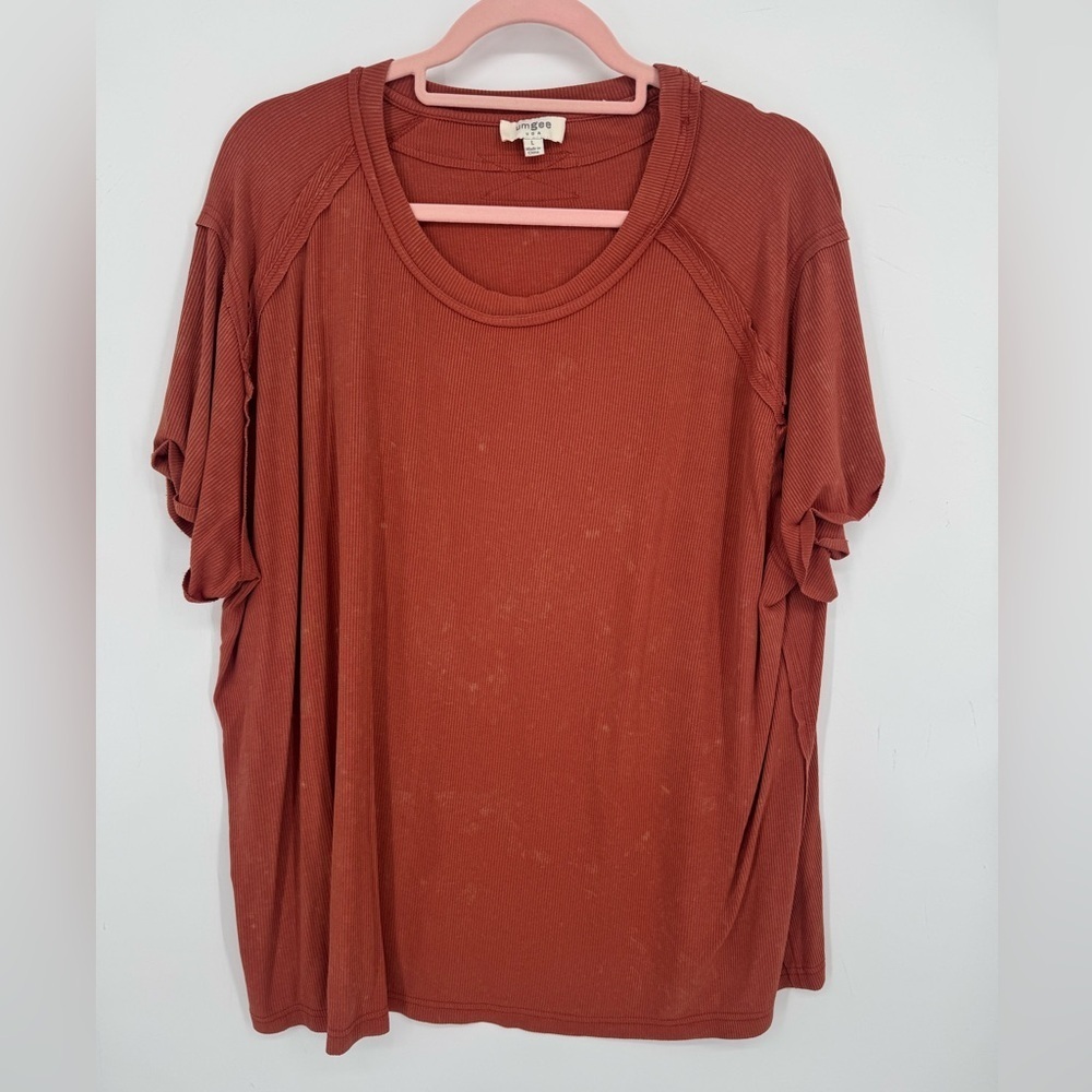 Umgee Women's Rust Ribbed Boutique Top Distressed Bleaching Stretch Size Large
